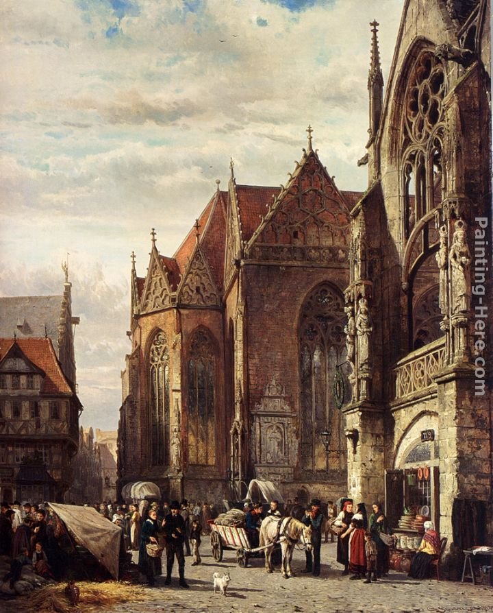 Cornelis Springer Many Figures On The Market Square In Front Of The Martinikirche, Braunschweig